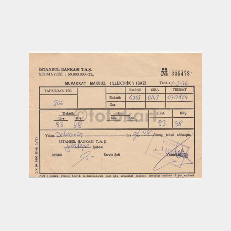 1973 İstanbul Bankası Kazasker Şb. Elektrik Makbuzu