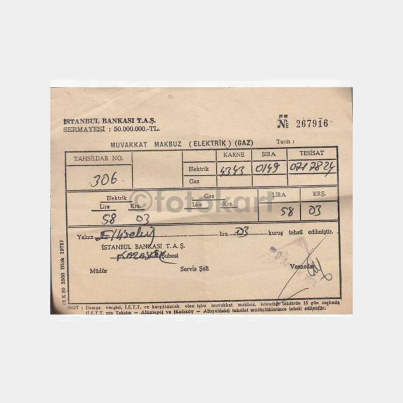 1972 İstanbul Bankası Kazasker Şb. Elektrik Makbuzu