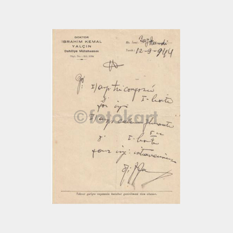 1944 Doktor İbrahim Kemal Yalçın Reçetesi