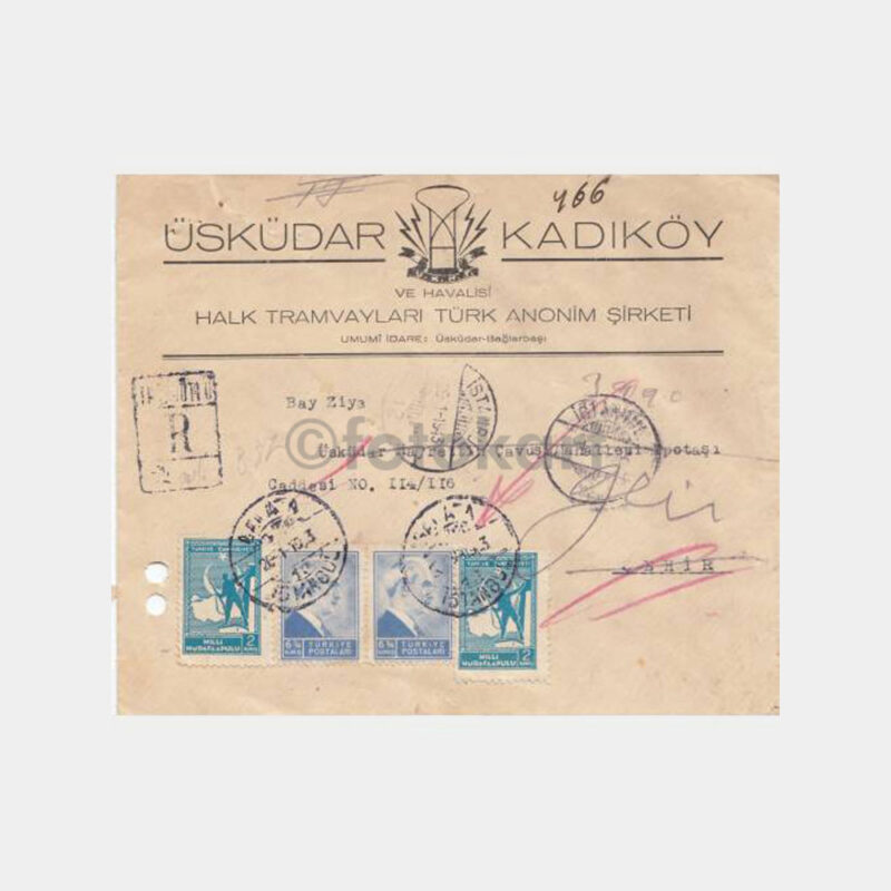 1943 Üsküdar Kadıköy Tramvay Şirketi Damgalı Zarfı