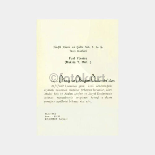 1962 Karadeniz Ereğli Sosyal Tesis Açılış Davetiyesi