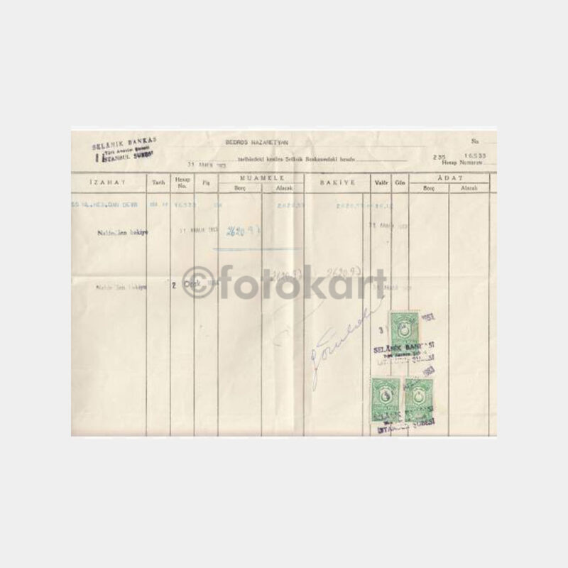 1963 Selanik Bankası Hesap Ekstresi Belgesi