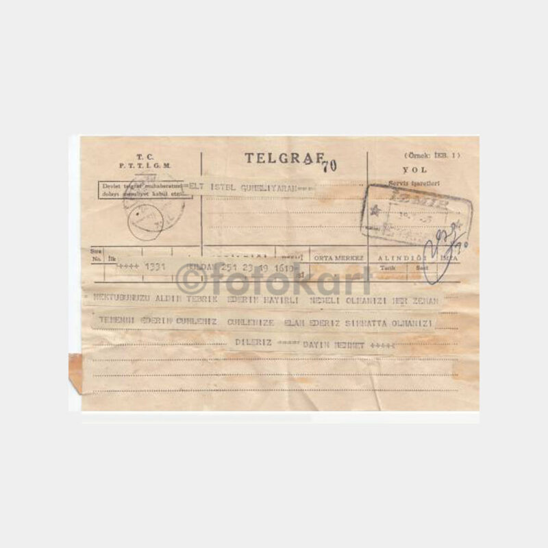 1953 İzmir İstanbul Damgalı Telgraf Kağıdı