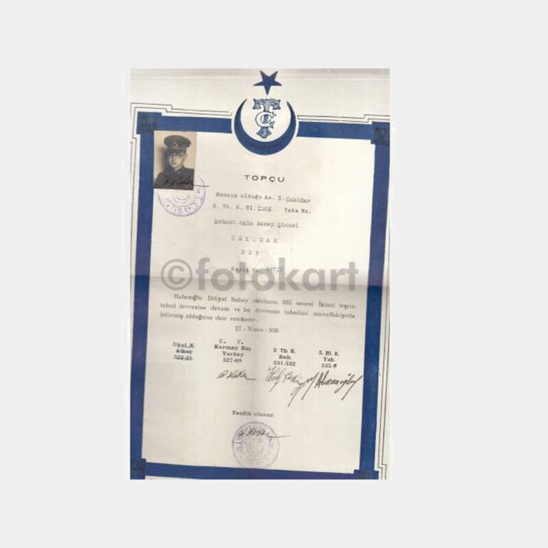 1936 Halıcıoğlu Subay İhtiyat Topçu Diploması
