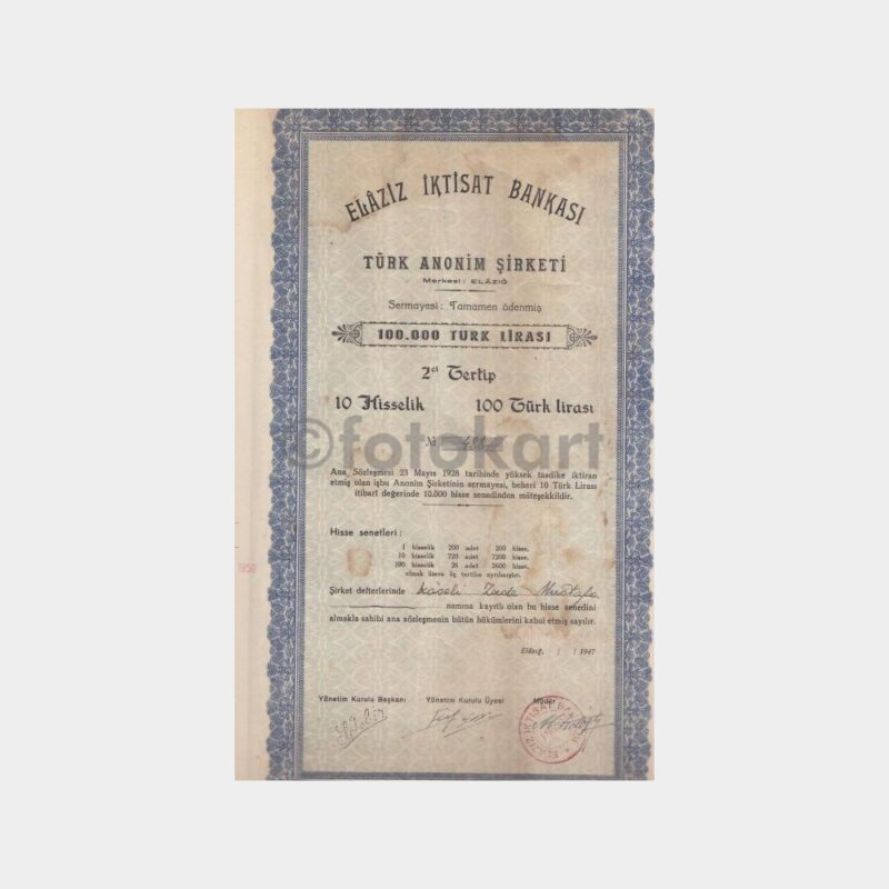 1947 Elazığ İktisat Bankası Hisse Senedi