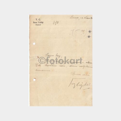 1935 Bursa Valisi Fazlı Güleç İmzalı Yazısı