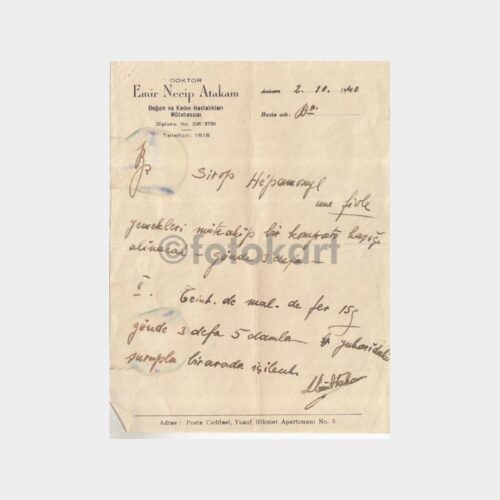 1940 Dr. Emir Necib Atakam Reçetesi (Çok Nadir)