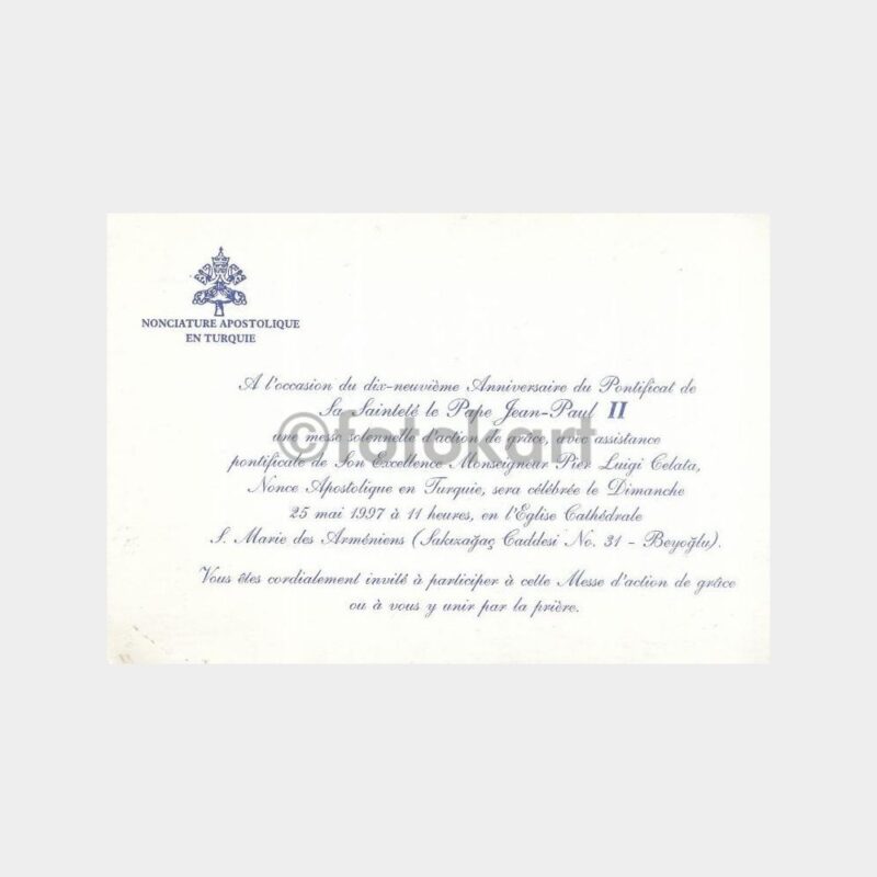 1997 Türkiye Ermenileri Patrikliği Papa Ziyareti Davetiyesi