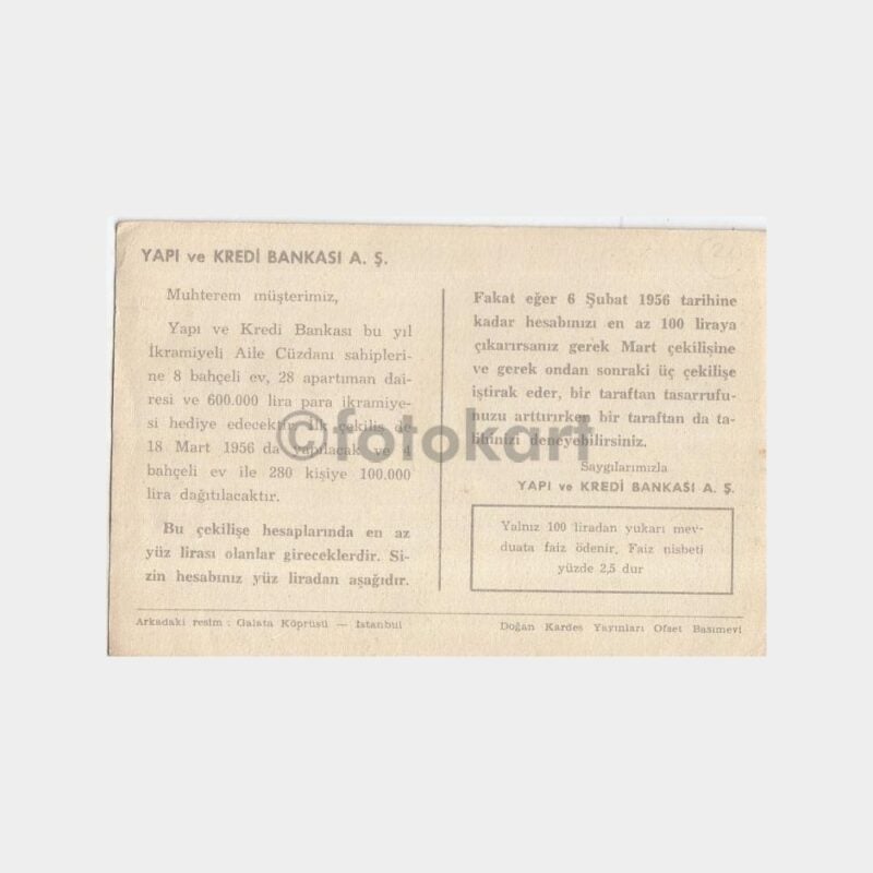 1956 Yapı Kredi İkramiye - Galata Köprüsü Görünüş Kartpostal - Görsel 2