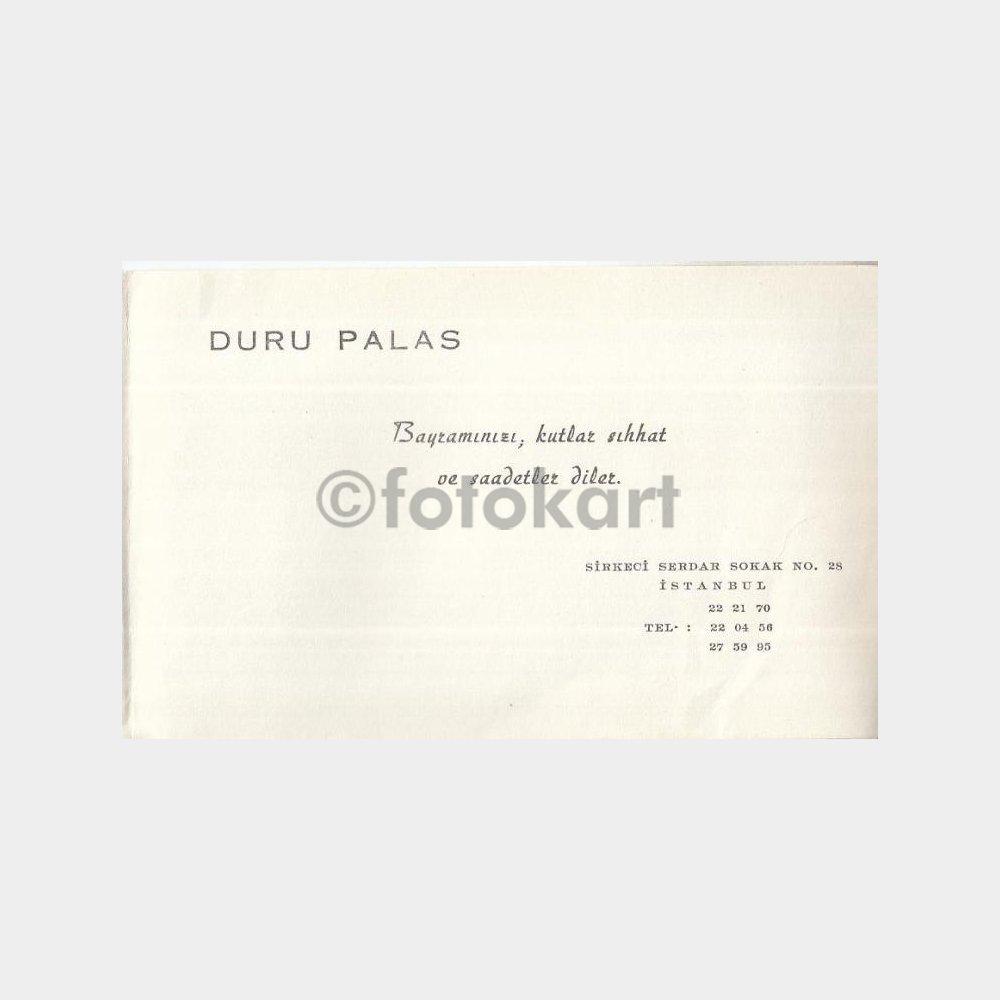 1970 Sirkeci Duru Palas Otel Tebrik Kartı