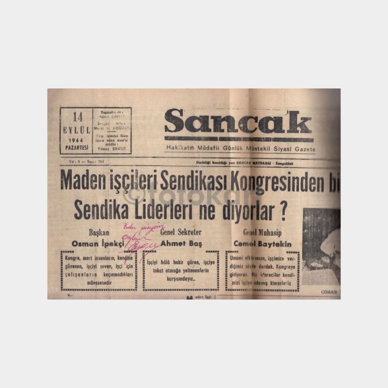 1964 Zonguldak Sancak Gazetesi - 14 Eylül