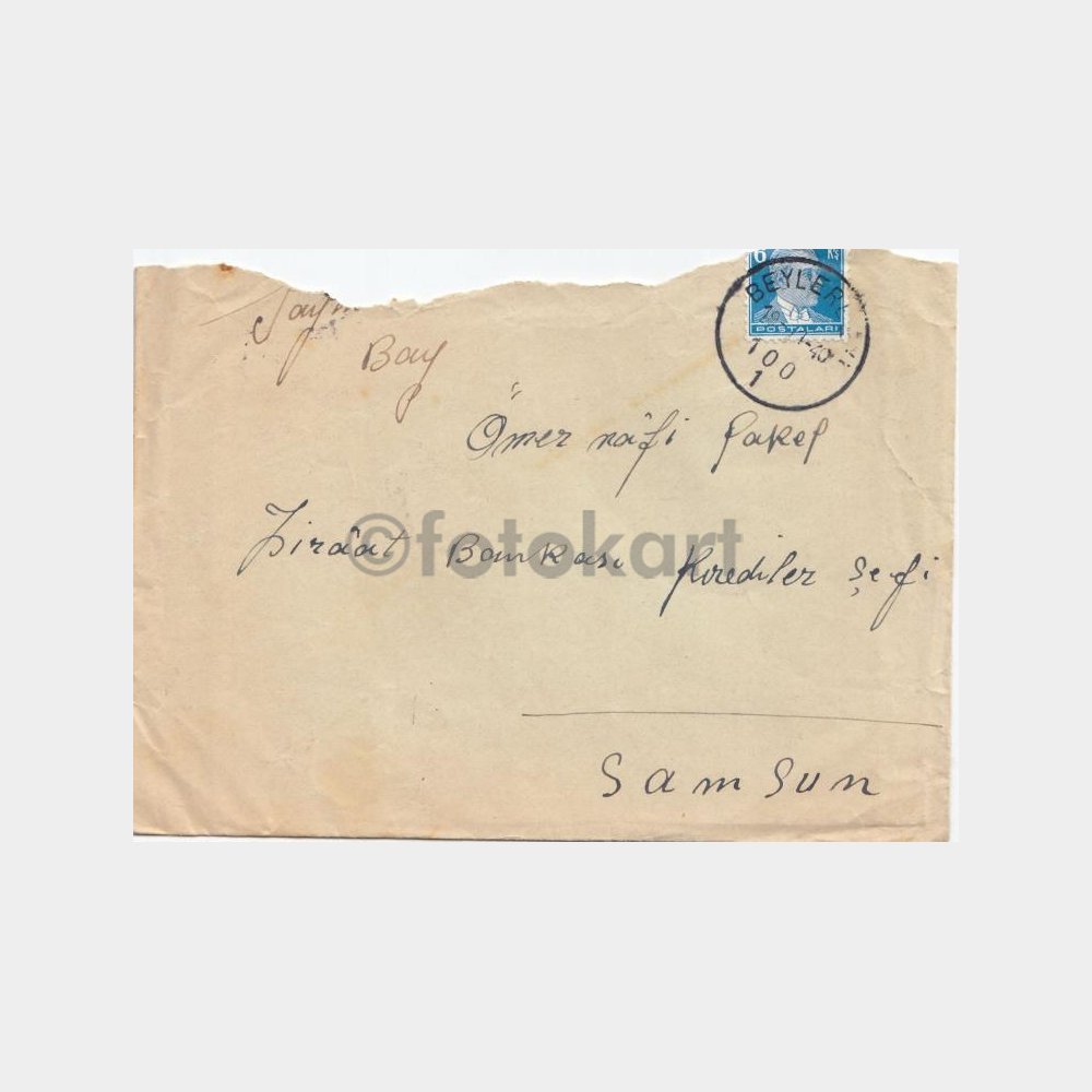 1940 PTT Samsun Beylerbeyi Posta Damgalı Mektup