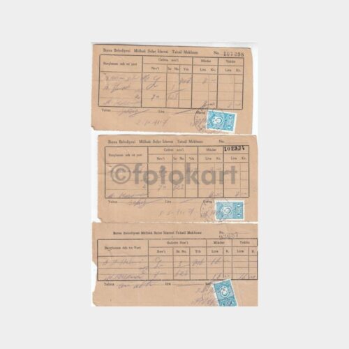 1946 Bursa Belediyesi Mülhak Sular İdaresi 3 Adet Makbuz