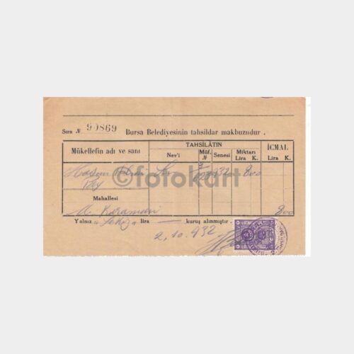1932 Bursa Belediyesi Vergi Makbuzu
