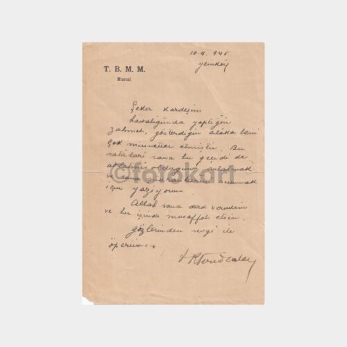 1945 CHP Ahmet Fikri Tüzer - TBMM Antetli Mektubu