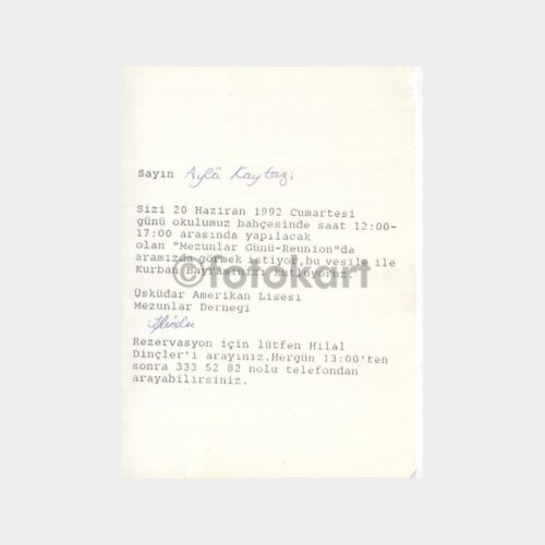 1992 Üsküdar Amerikan Okulu Mezun Tören Davetiyesi