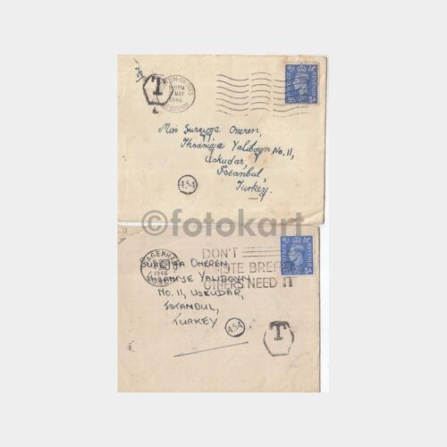 1946 İngiltere Posta Damgalı Üsküdar Varışlı 2 Zarf