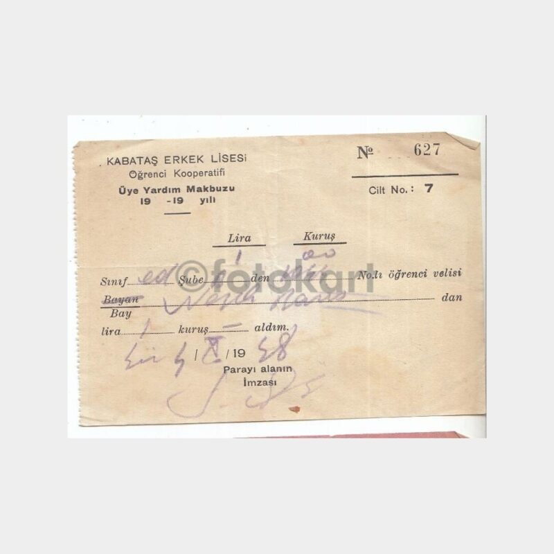 1948 Kabataş Erkek Lisesi Üye Yardım Makbuzu