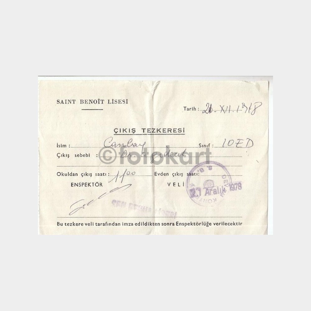 1978 Saint Benoit Fransız Erkek Lisesi Çıkış Tezkeresi