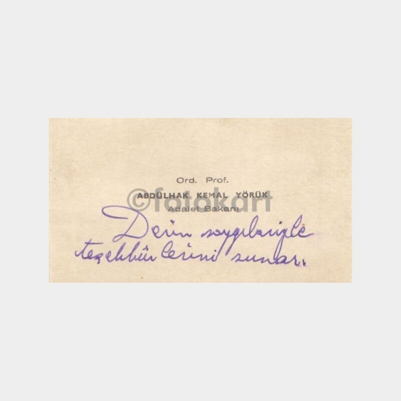 1962 Adalet Bakanı Abdülhak Kemal Yörük Kartvizit