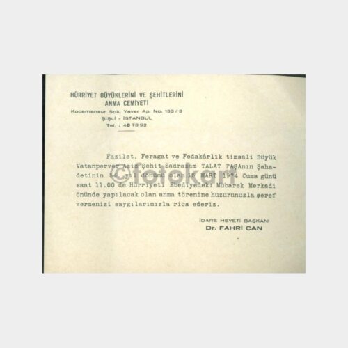 1974 Hürriyet Büyükleri Anma Töreni Davetiye