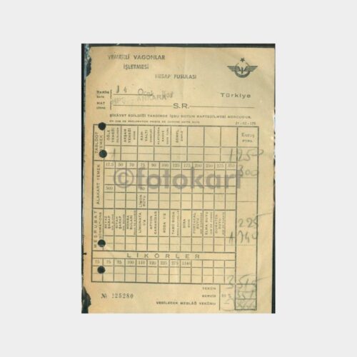 1968 Yemekli Vagonlar İşletmesi Hesap Pusulası
