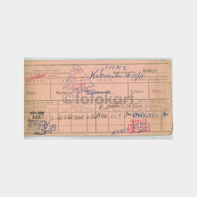 1962 Yenikapı Kömür Dağıtım Kartı