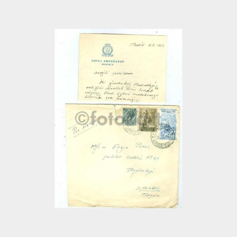 1953 İtalya Otel Zarf ve Mektubu