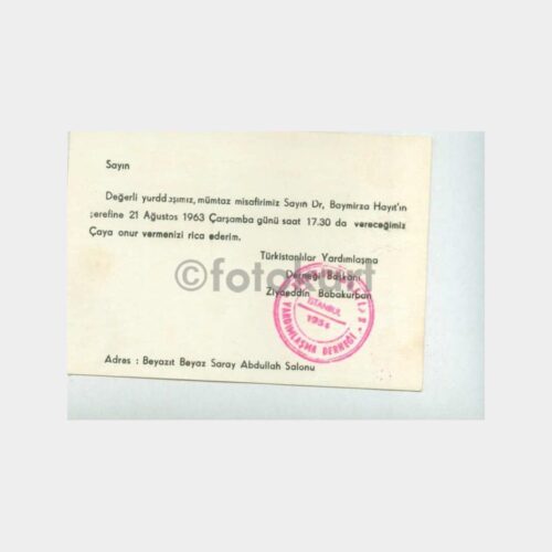 1963 Türkistanlılar Çay Davetiyesi