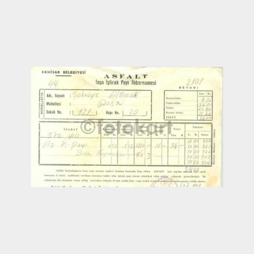 1970 Akhisar Belediyesi Asfalt Payı İhbarnamesi