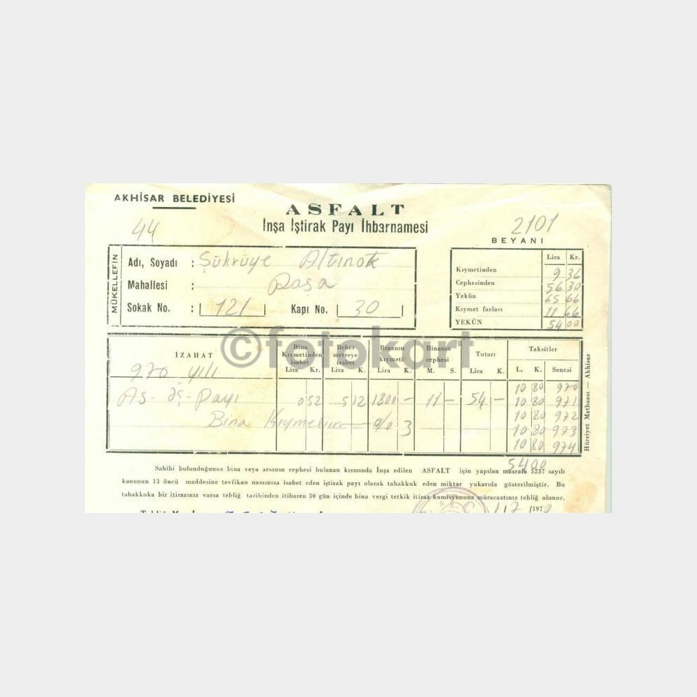 1970 Akhisar Belediyesi Asfalt Payı İhbarnamesi