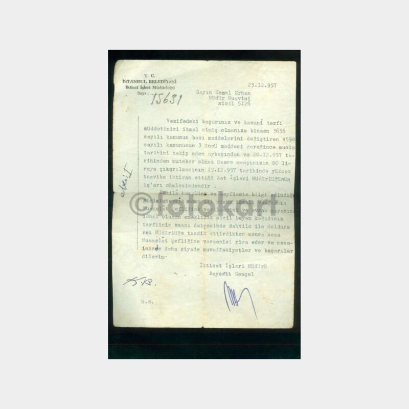 1957 İstanbul Belediyesi İktisat İşleri Yazısı