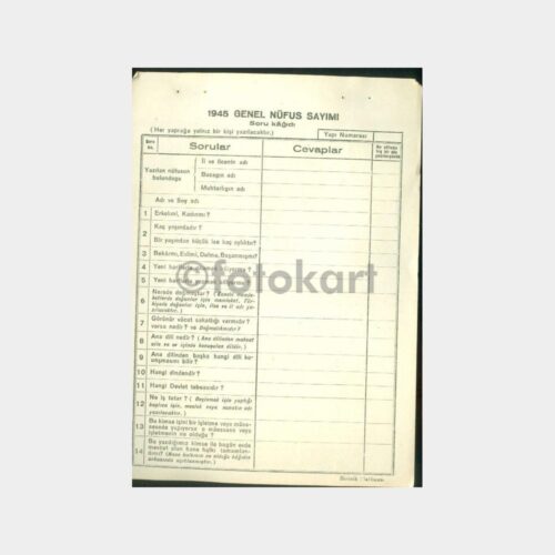 1945 Genel Nüfus Sayımı Soru Kağıdı