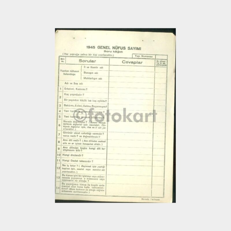 1945 Genel Nüfus Sayımı Soru Kağıdı