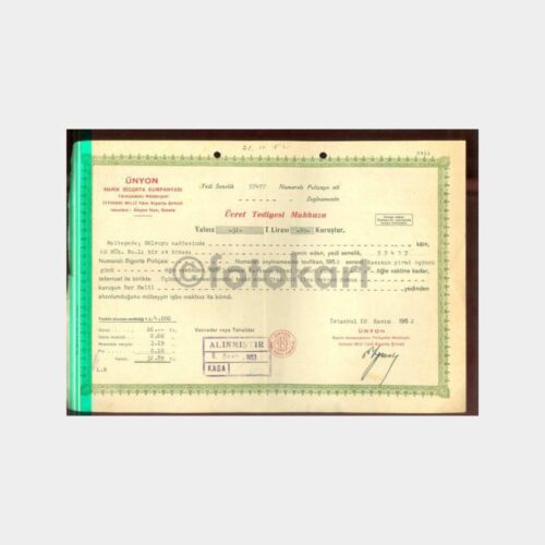 1953 Ünyon Sigorta Poliçesi Ücret Tediyesi (57477)