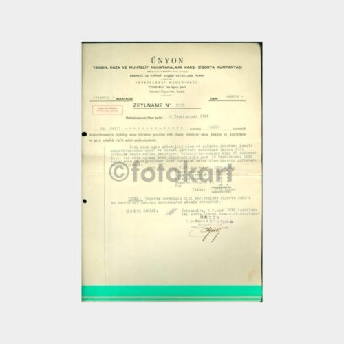 1938 Ünyon Sigorta Poliçesi Zeyilnamesi (24502)