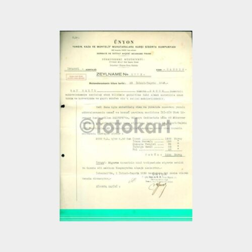 1939 Ünyon Sigorta Poliçesi Zeyilnamesi (24502)