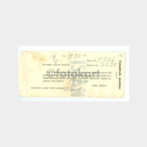 1941 İstanbul Sular İdaresi Tahakkuk Pusulası