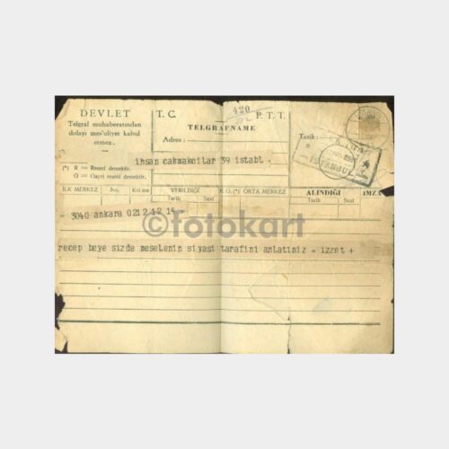 1931 Devlet -İstanbul Varışlı- Telgraf Kağıdı