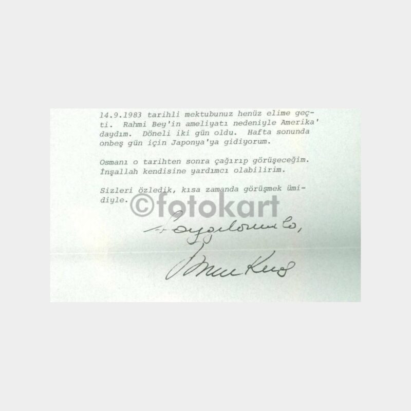 1983 Koç Grubu İnan Kıraç İmzalı Mektubu