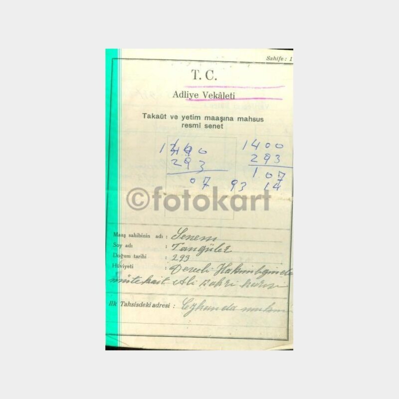 1941 Takaüt Yetim Maaşı Cüzdanı