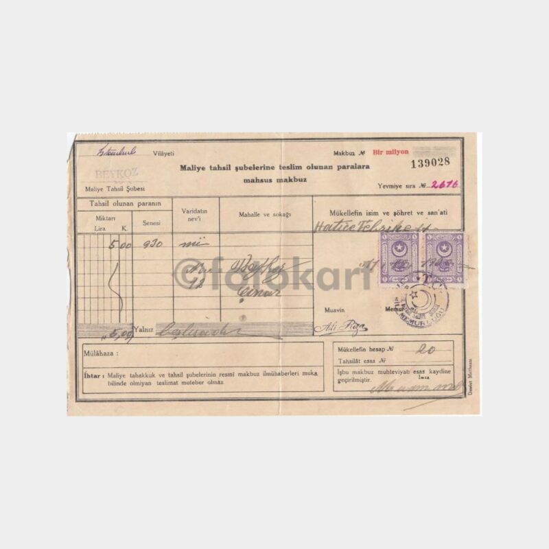 1930 Beykoz Maliyesi Vergi Makbuzu