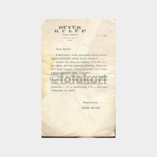 1971 Büyük Kulüp Antetli Üye Bildirim Kağıdı