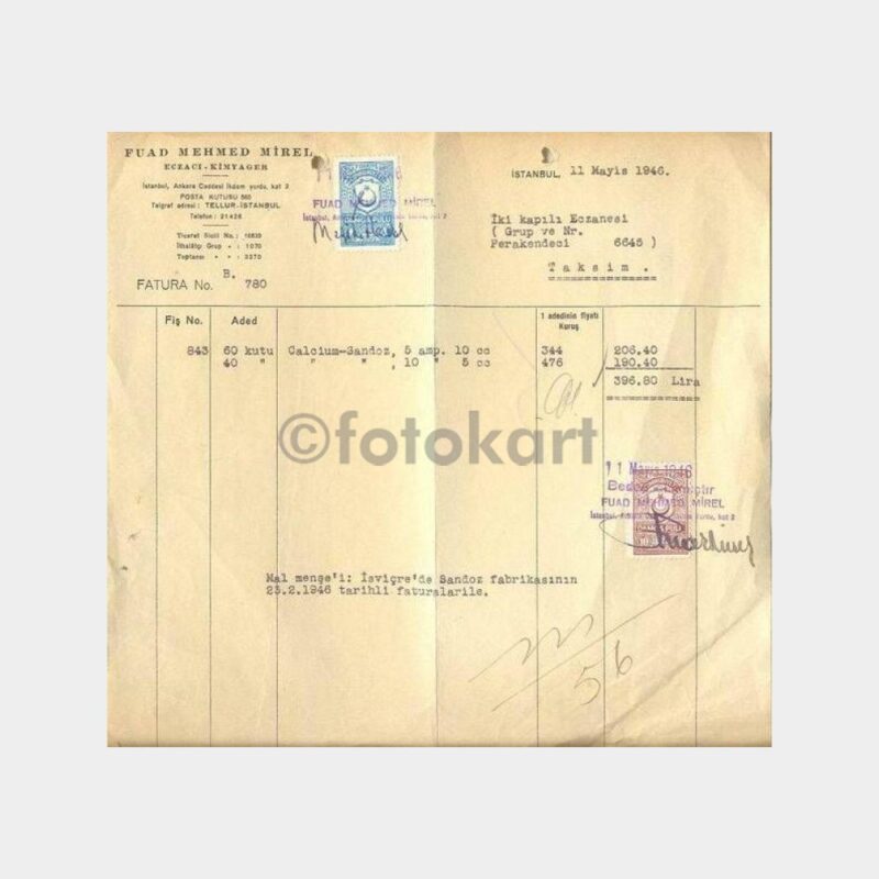 1946 Eczacı Fuad Mehmed Mirel Faturası