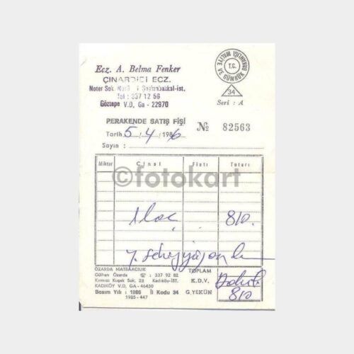 1986 Eczacı Belma Fenker Satış Fişi