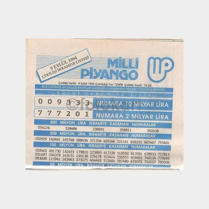 Milli Piyango - 09.09.1994 Çekiliş Listesi
