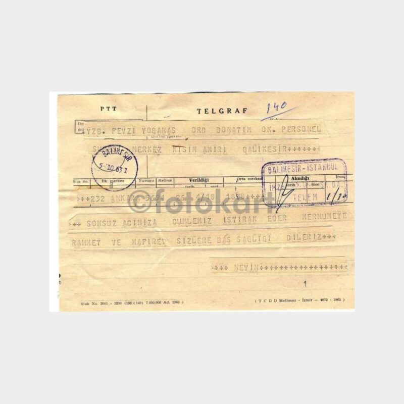 1963 Balıkesir-İstanbul Damgalı Telgraf