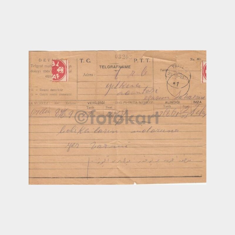 1931 Trabzon Damgalı Ordu Çıkışlı Telgraf