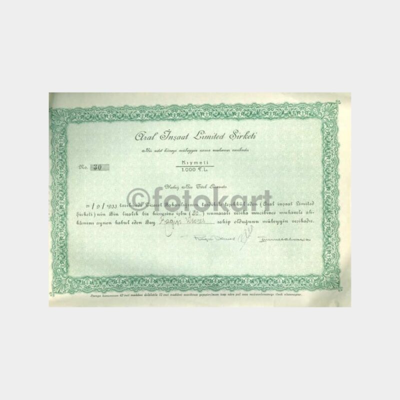 1933 Aral İnşaat Ltd. Şti. Nama Hisse Senedi