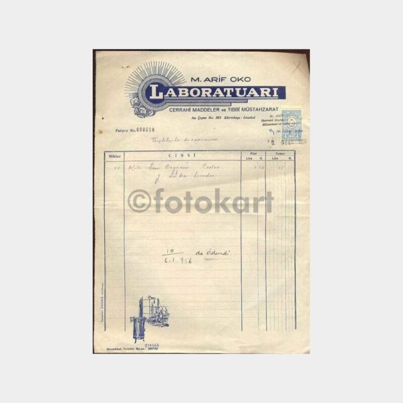 1956 M. Arif Oko Laboratuvar Faturası